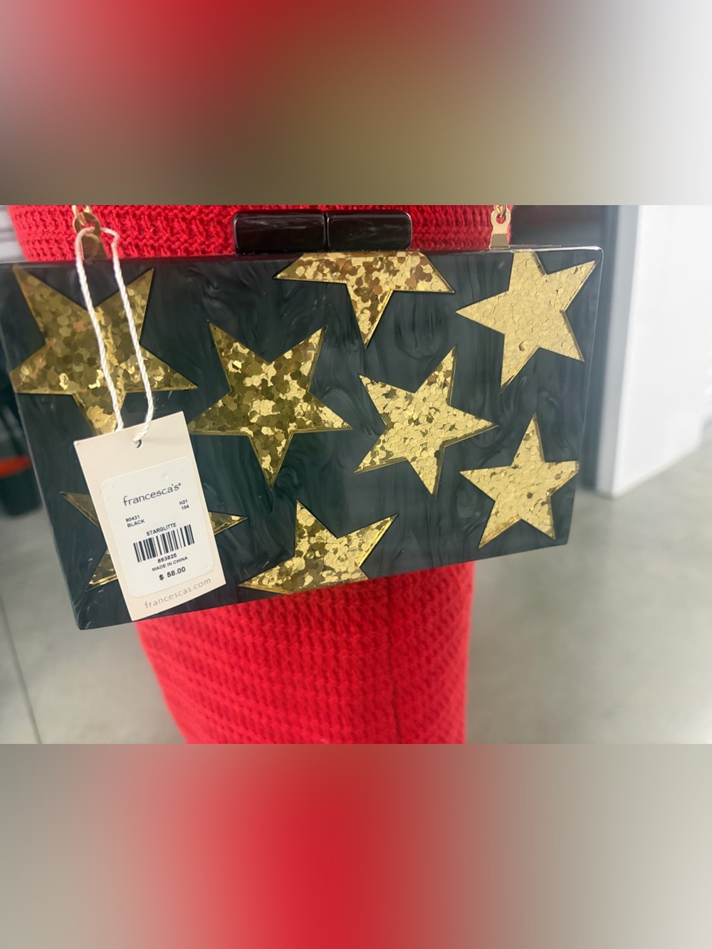 FRANCESCA’S STARLIGHT BLACK GOLD STAR ACRYLIC BOX CLUTCH NWT